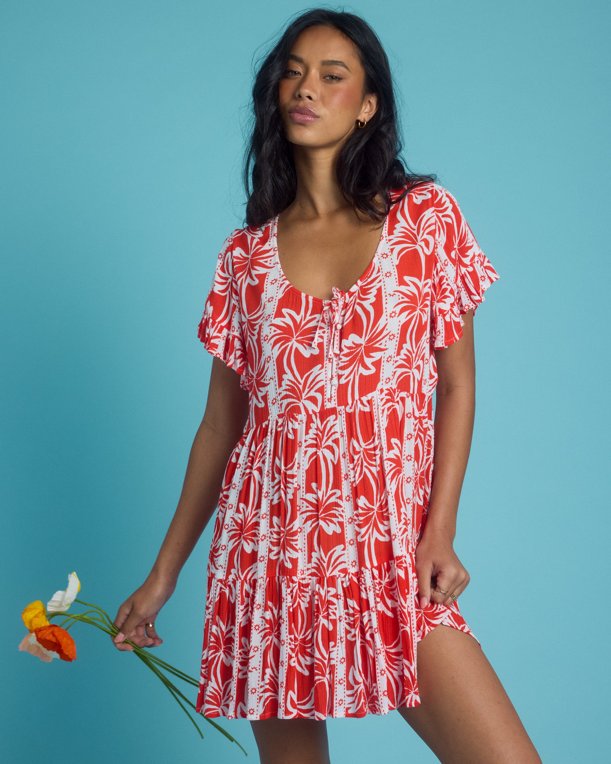 Womens Row Of Palms Tiered Mini Dress