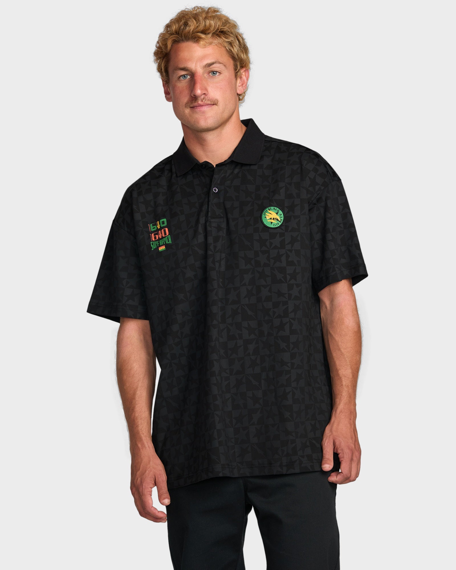 Mens Black Star Surf Short Sleeve Polo Shirt