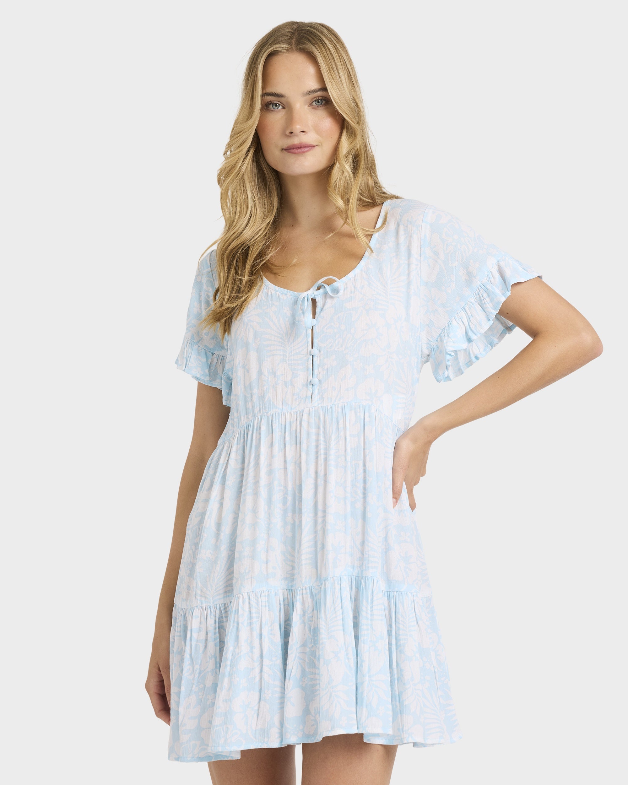 Womens Off Tropic Tier Mini Dress