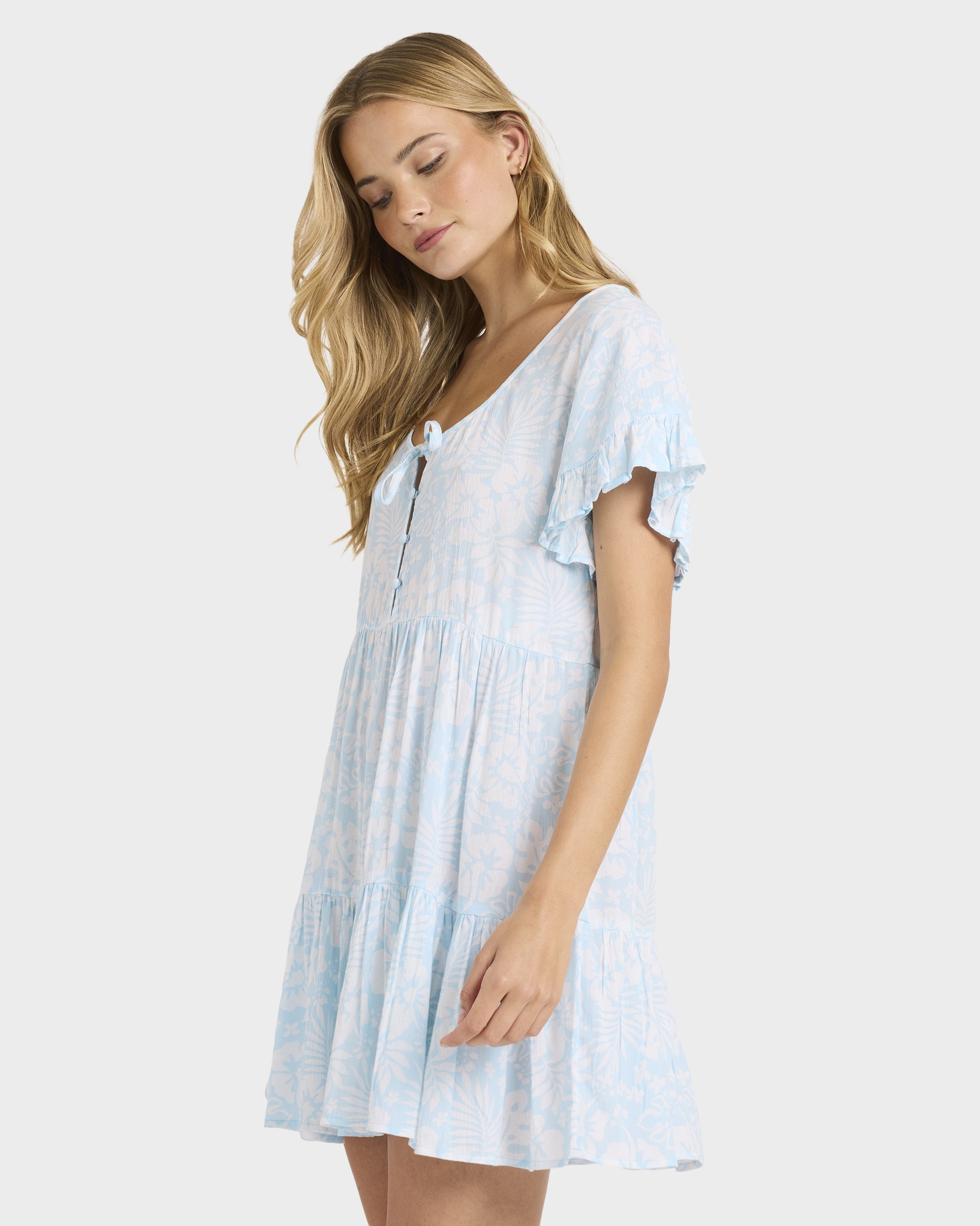 Womens Off Tropic Tier Mini Dress