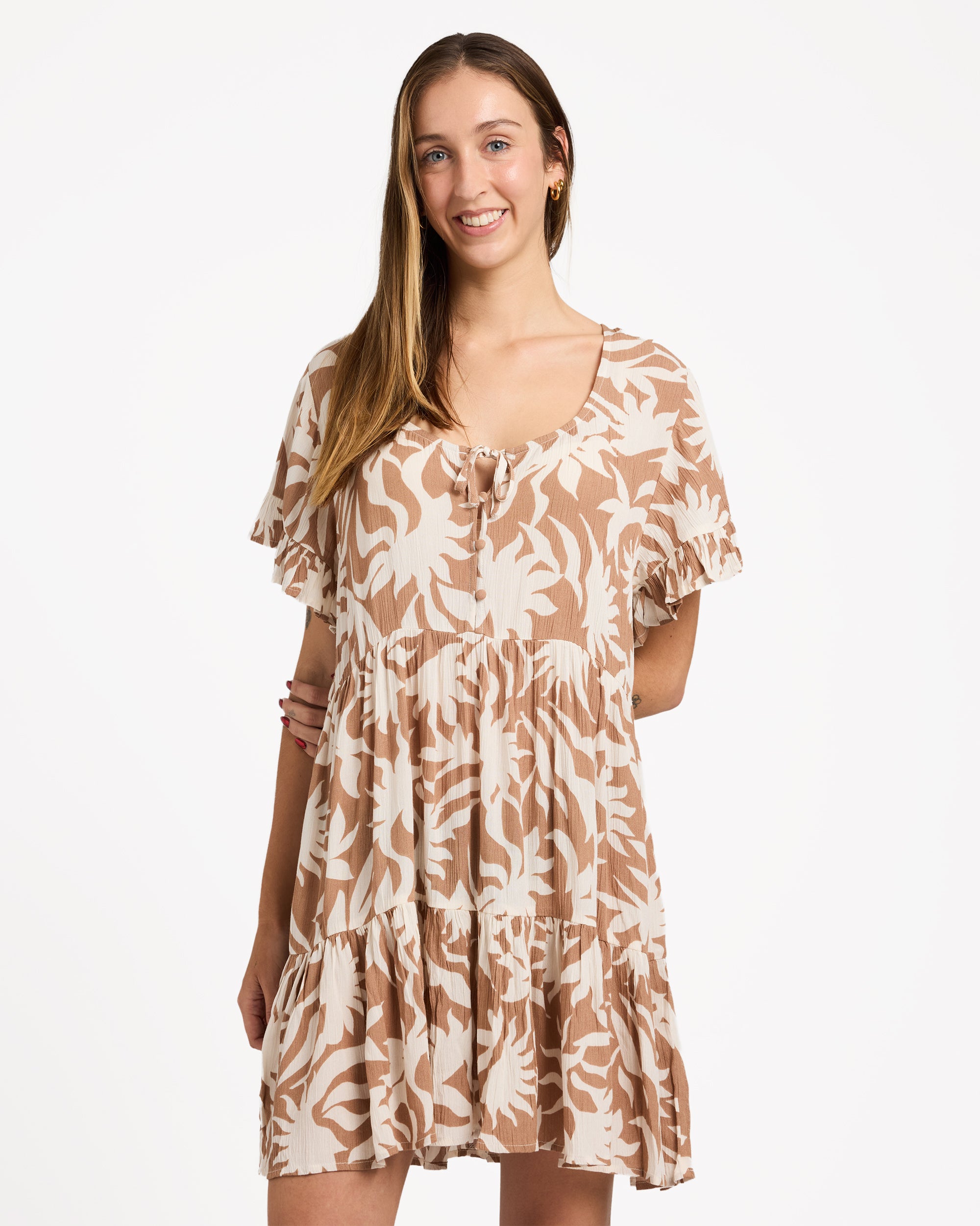 Womens Off Tropic Tier Mini Dress