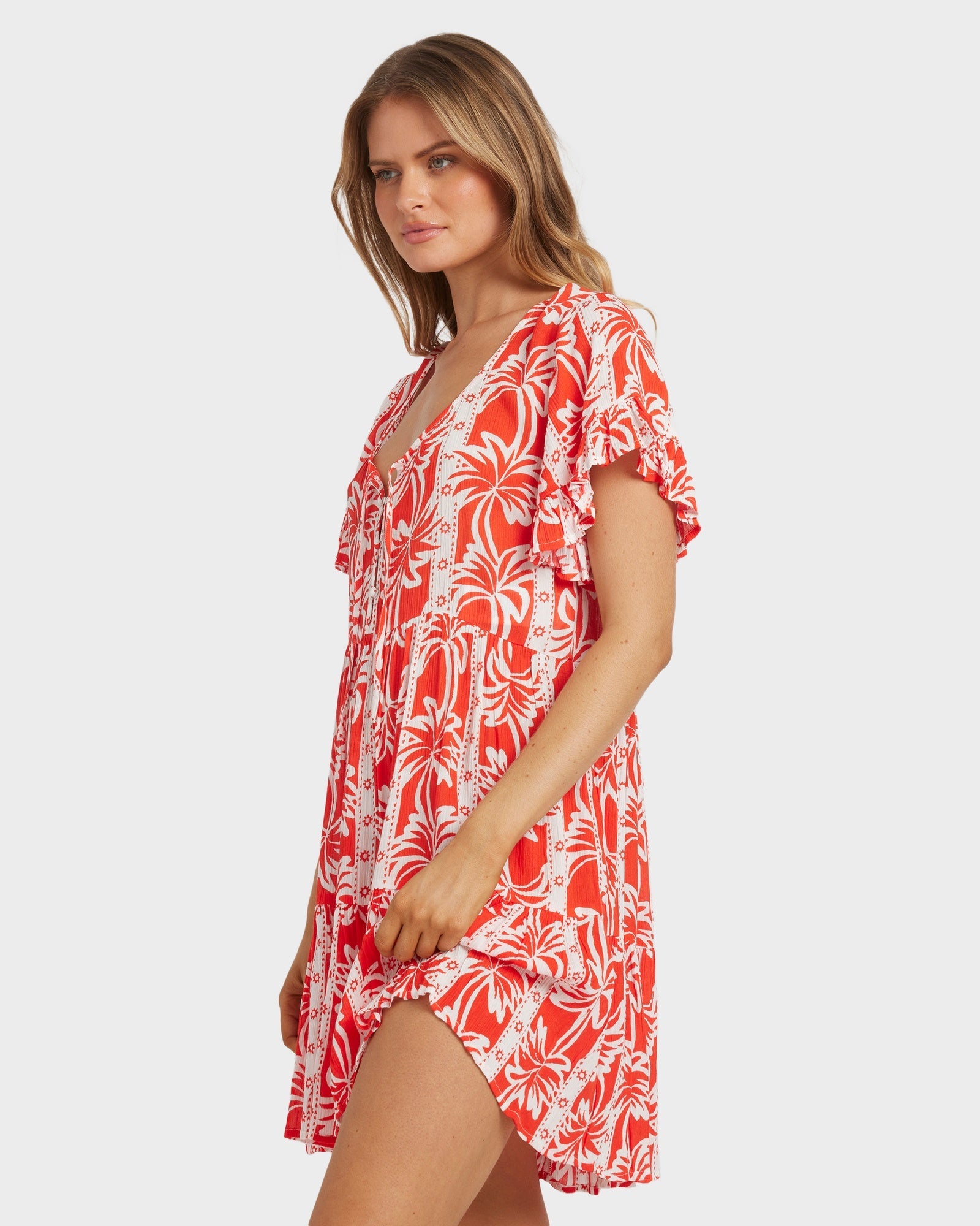 Womens Row Of Palms Tiered Mini Dress