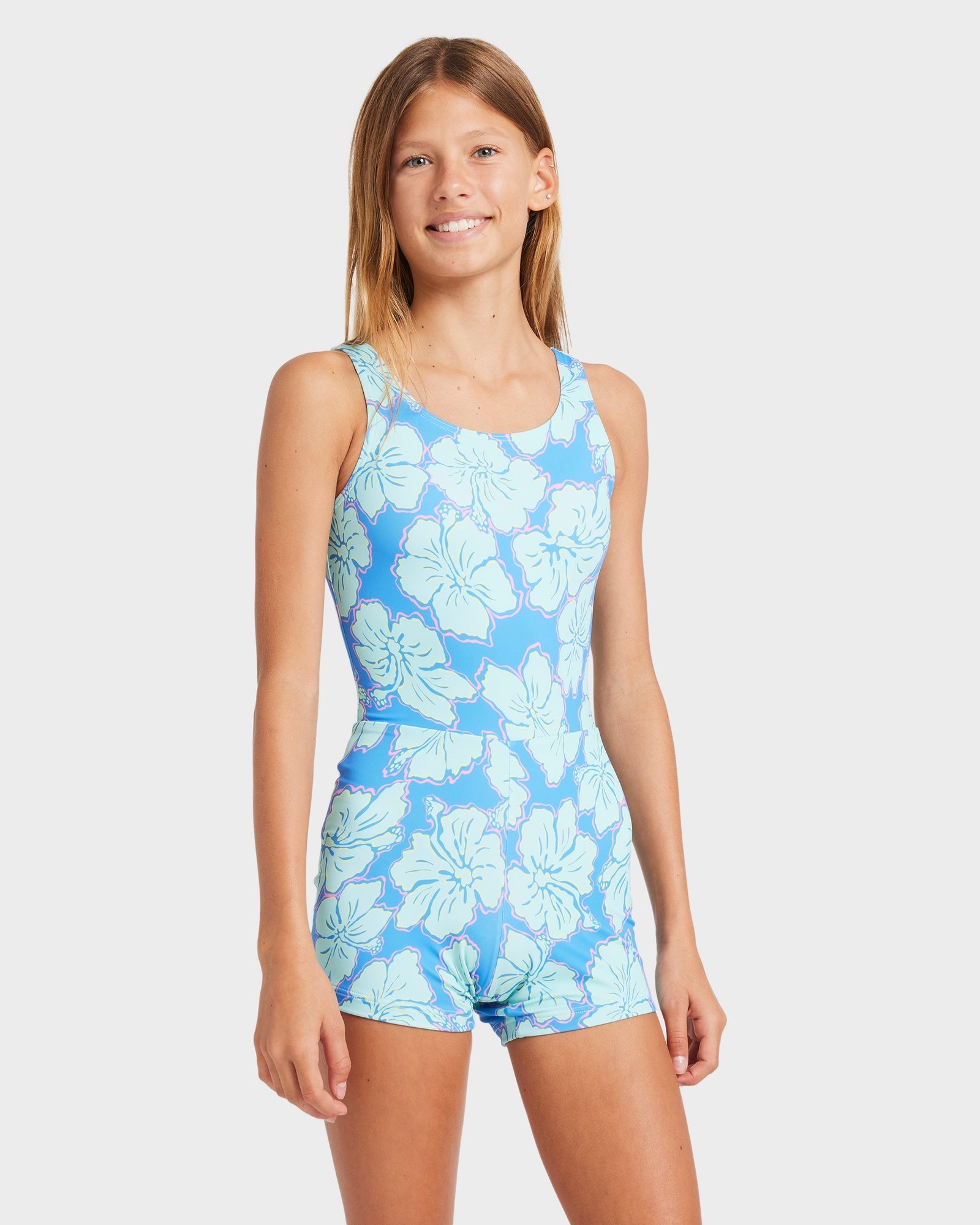 Girls 6-14 Happy Hibiscus Retro Surf Bodysuit One Piece Swimsuit